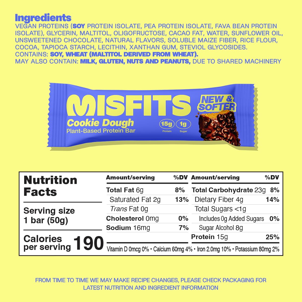 Misfits Vegan Protein Bars, Cookie Dough - Updated Recipe | Plant Based, Low Sugar & Carb, High Fiber Snacks | Pack of 15