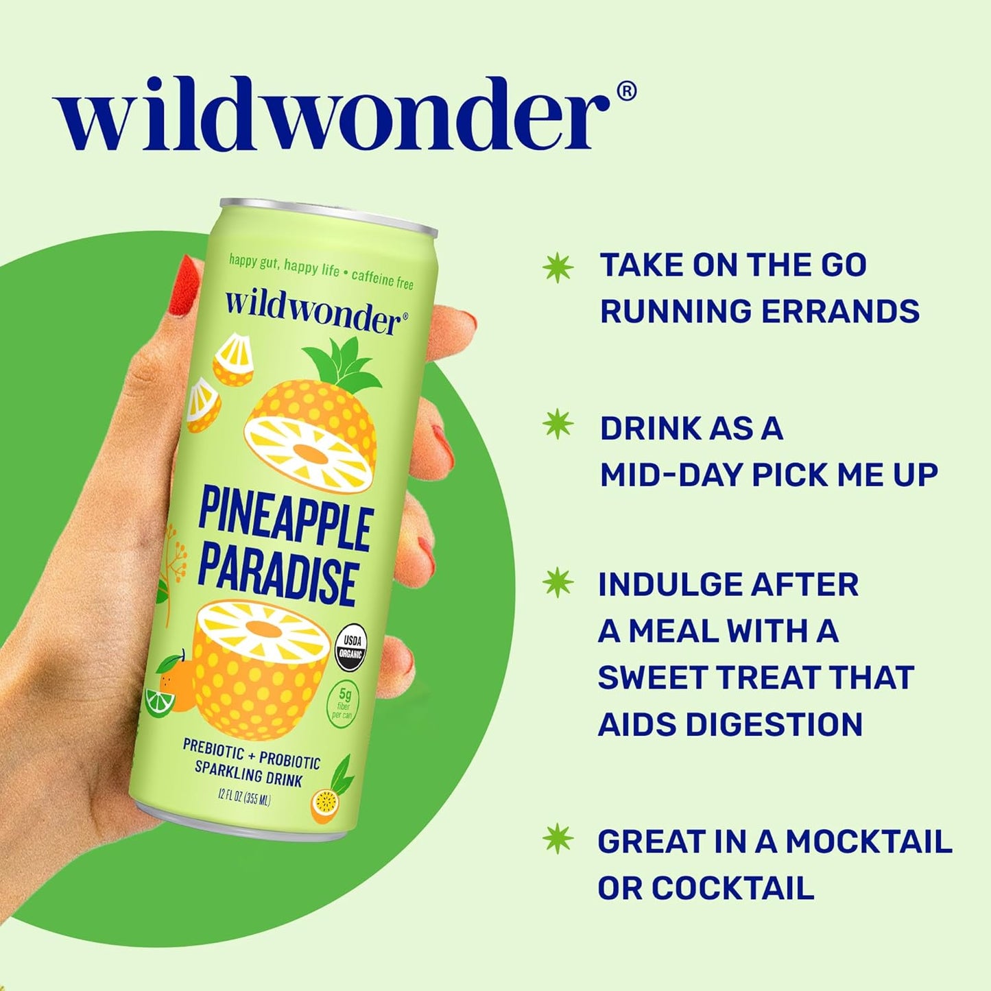 wildwonder Sparkling Probiotic Drink 12pk, For Gut Health & Immune Support, Pineapple Paradise, 5g Prebiotic Fiber, Live Probiotics, Organic, Vegan, Low Sugar, 12 Pack, 12oz Can, As Seen on Shark Tank