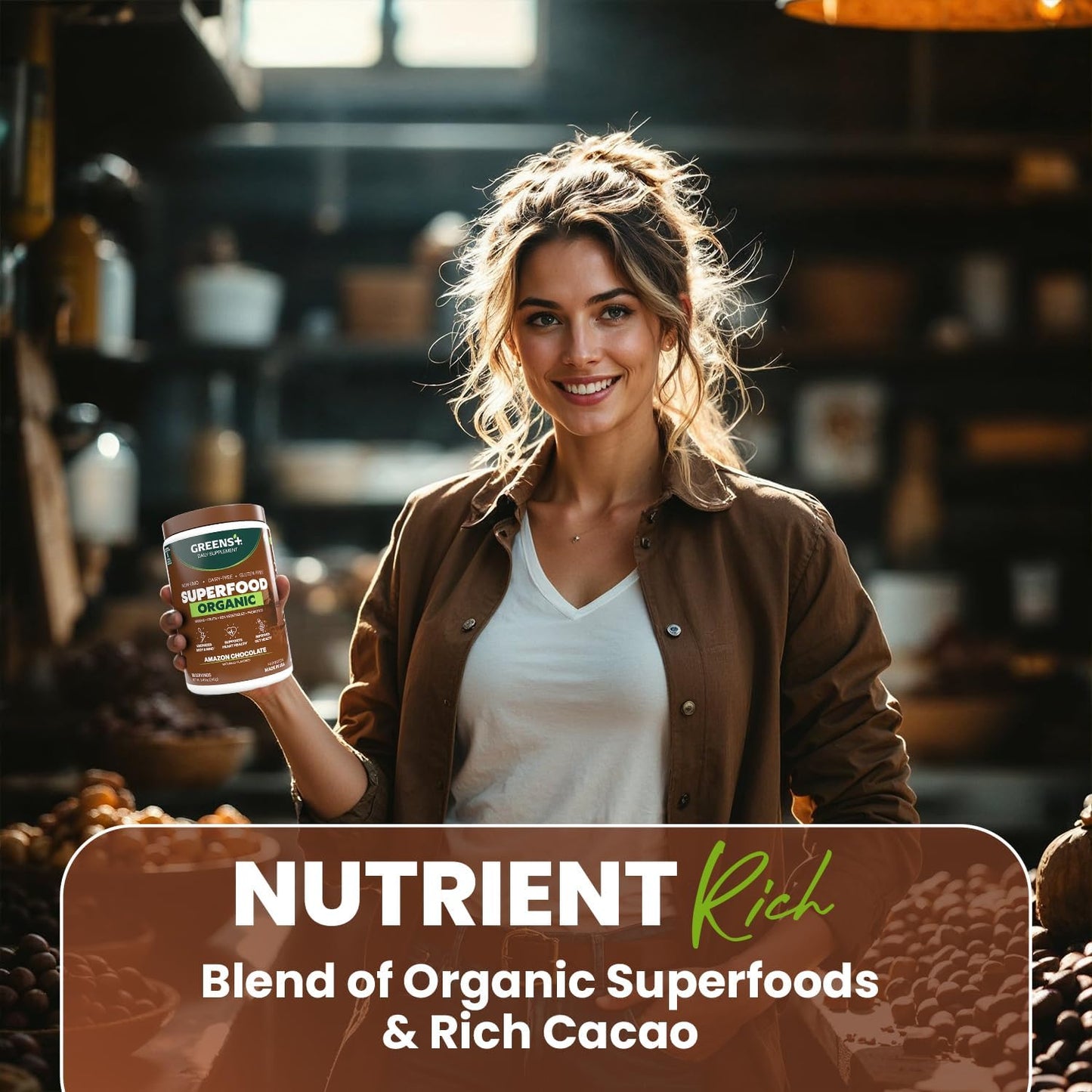 Greens+ Plus Organic Superfood Amazon Chocolate, Boost Energy, Essential Blend of Raw Foods, Non GMO, Gluten Free, USDA Organic and Vegan Powder, 8.46 oz