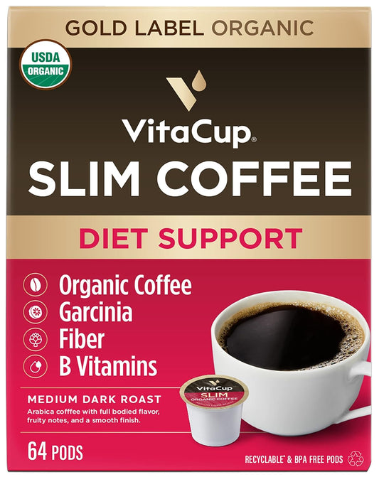 VitaCup Slim Organic Coffee Pods, Diet Support with Ginseng, Garcinia, B Vitamins, Bold Medium Dark Roast, Single Serve Pod, Compatible with Keurig K-Cup Brewers,64 Ct