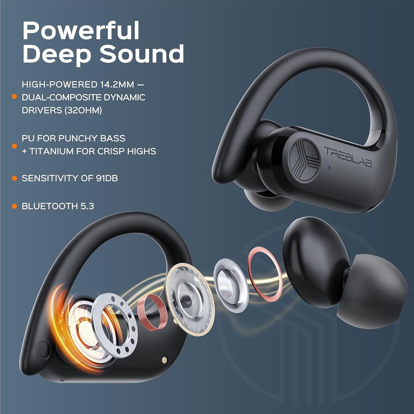 TREBLAB X3 Pro - Workout True Wireless Earbuds, Comfortable Earhooks, Bluetooth 5.3, Punchy Bass, Noise Isolation, 145H Playtime, IPX5 Waterproof, Sweatproof, 2 Mics for Calls, Sport Bluetooth Earbuds