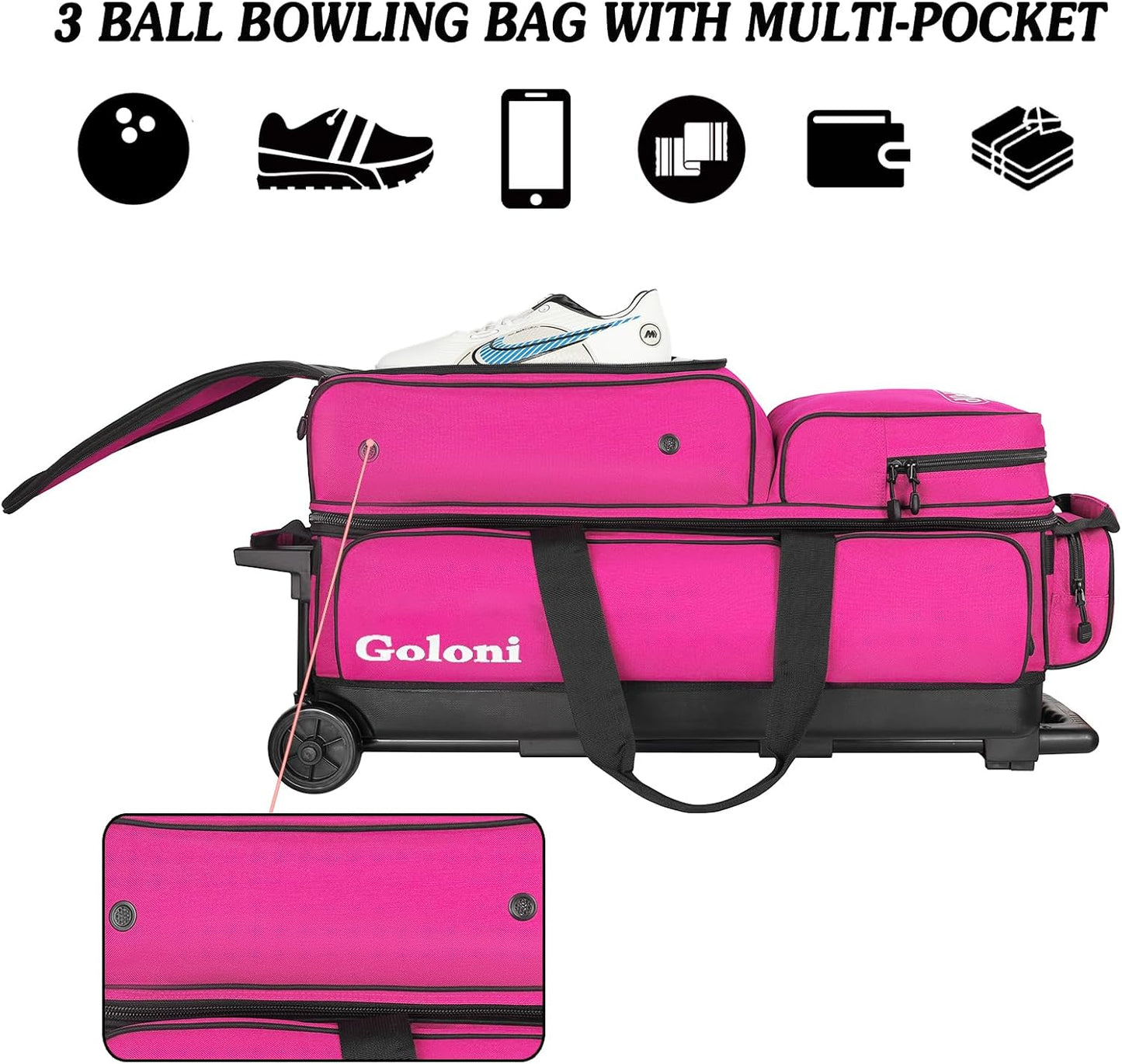 Goloni 3 Ball Bowling Bags with Wheels - Rolling Bowling Bag for 3 Balls & Accessories - Retractable Handle Extends to 38