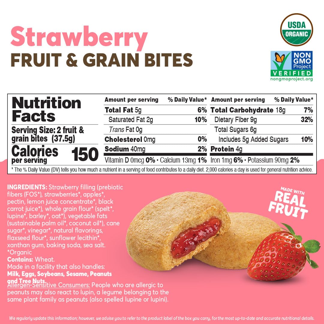 Olyra Strawberry Organic Fruit Bars, Prebiotic High Fiber Snack, Gut Health, Fruit Filled & Whole Grain Bites, Kids Healthy Snacks, Low Sugar, Vegan, USDA Certified Organic, Non GMO (Pack of 24)