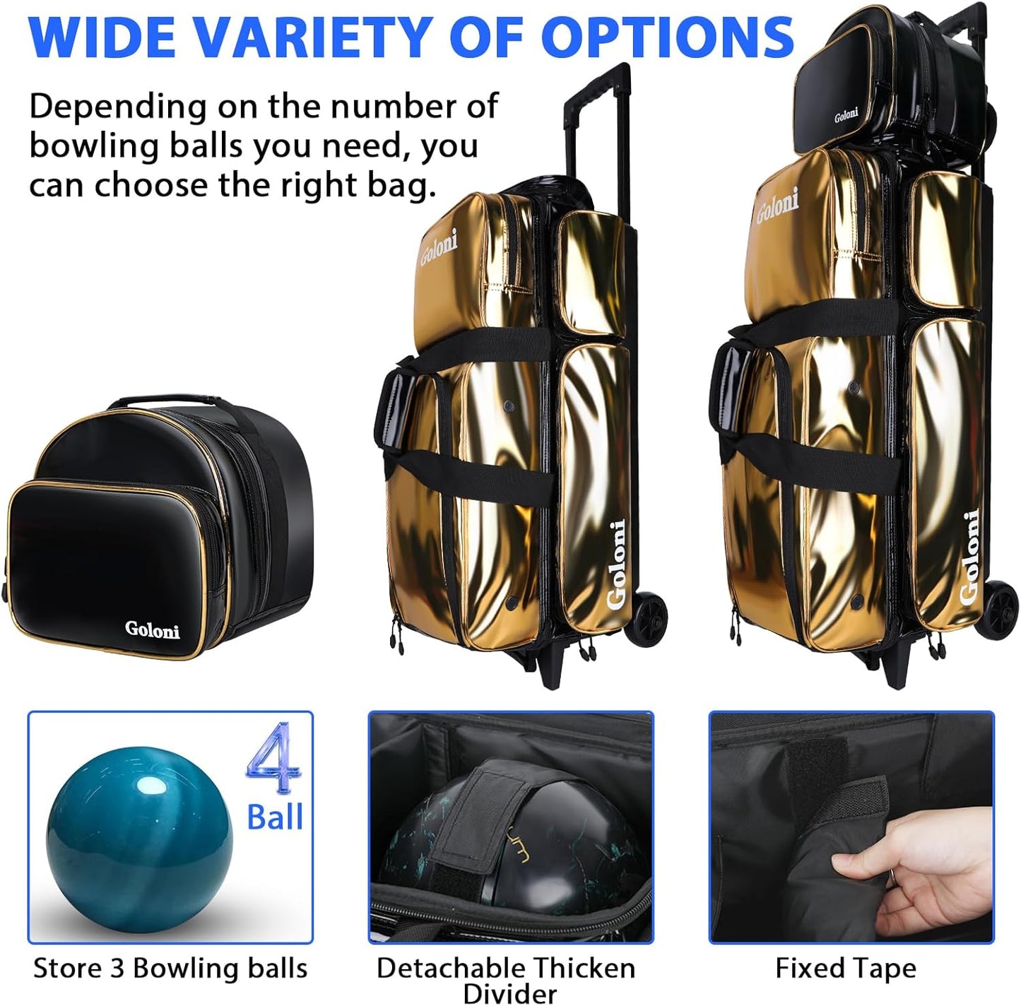 4 Ball Bowling Bags with Wheels,3 Ball Bowling Bag + 1 Ball Tote,Separate Shoe Compartment for Shoes (Up To US Men Size 16)