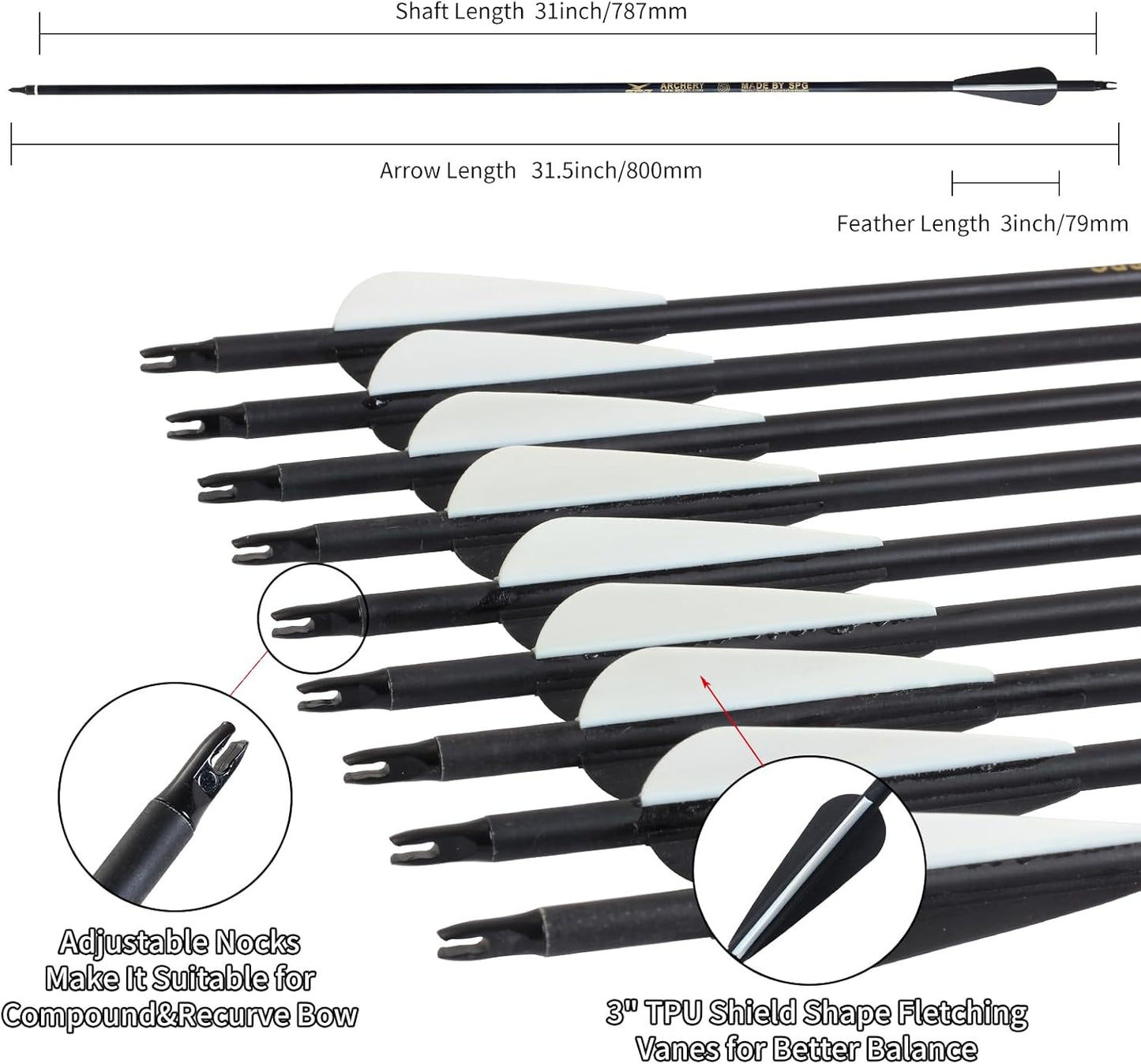 SOPOGER Archery Arrows for Compound Bow and Arrow Quiver Holder Tube, 31 Inch Arrows Practice Arrows for Recurve Bow 12 Packs, 500 Spine Hunting Arrows Carbon Fiber Target Arrow Accessories