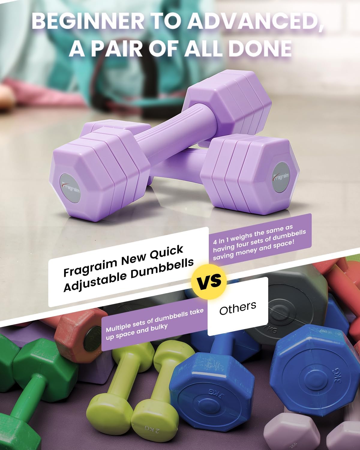 Adjustable Dumbbells Set, 4 in 1 Hand Weights Set for Women Men 10 LB/ 12 LB Dumbbell Pair Each 2lbs 3lbs 4lbs 5lbs Weights Dumbbells Set with TPU Soft Rubber Handle for Home Gym Exercise Fitness