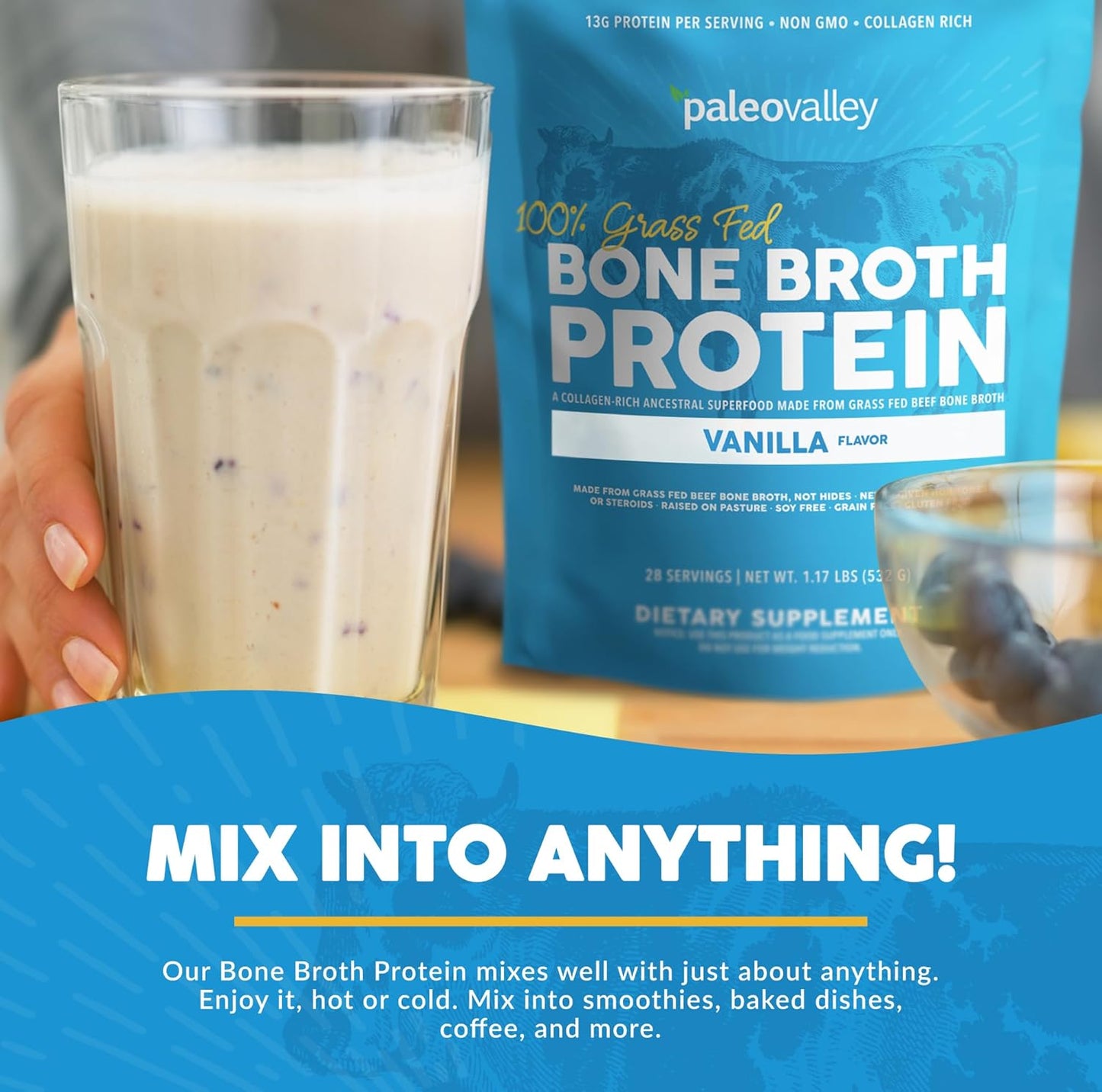 Paleovalley 100% Grass Fed Bone Broth Protein Powder - Vanilla - Rich in Collagen for Hair, Skin, Gut Health, Bone and Joint Support - 28 Servings