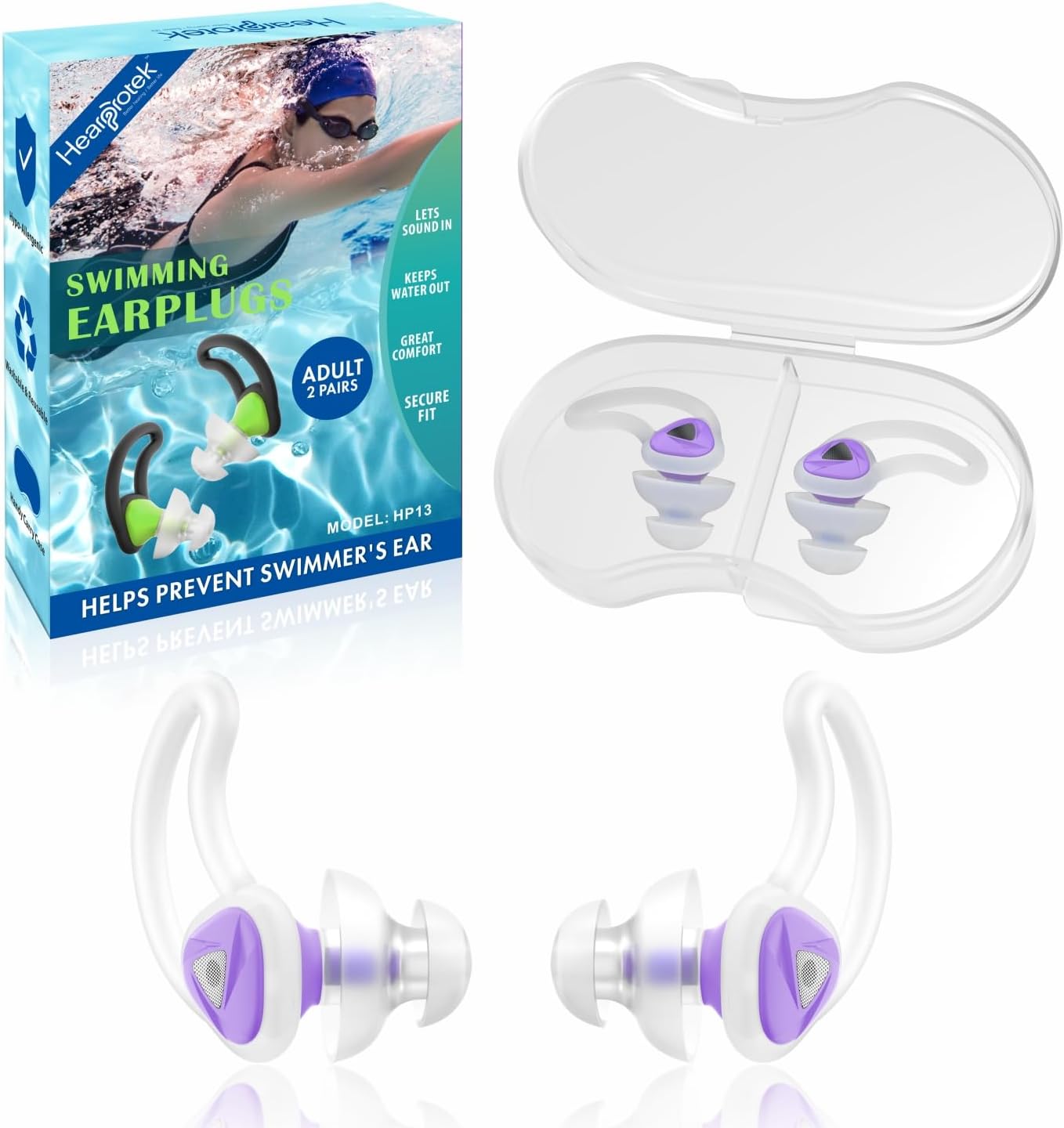 Hearprotek [2 Pairs] Swimmer Ear Plugs, Custom-fit Water Protection Adult Swimming earplugs for Swimmers Pool Shower Bathing and Other Water Sports (Purple)