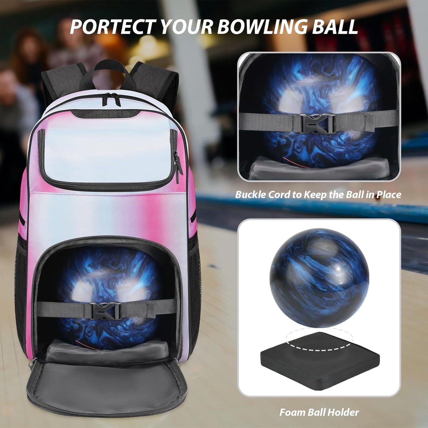 Bosynoy Bowling Backpack, Bowling Ball Bag Totes for Single Ball with Shoe Compartment & Foam Padded, Fits Shoes Up to US Mens Size 16, Grey