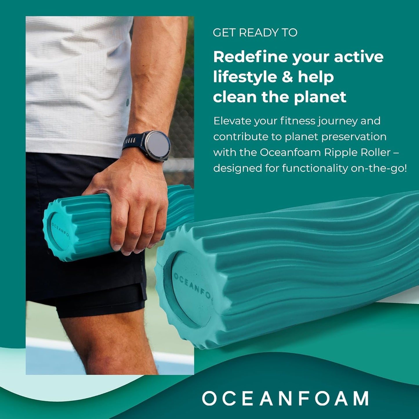 Oceanfoam Ripple Travel Foam Roller (11" x 3.35") Firm Mini Foam Roller for Physical Therapy, Deep Tissue Massage, Back Pain - High Density, Ergonomic Wave Textured - Yoga, Pilates, Exercise (Jade)