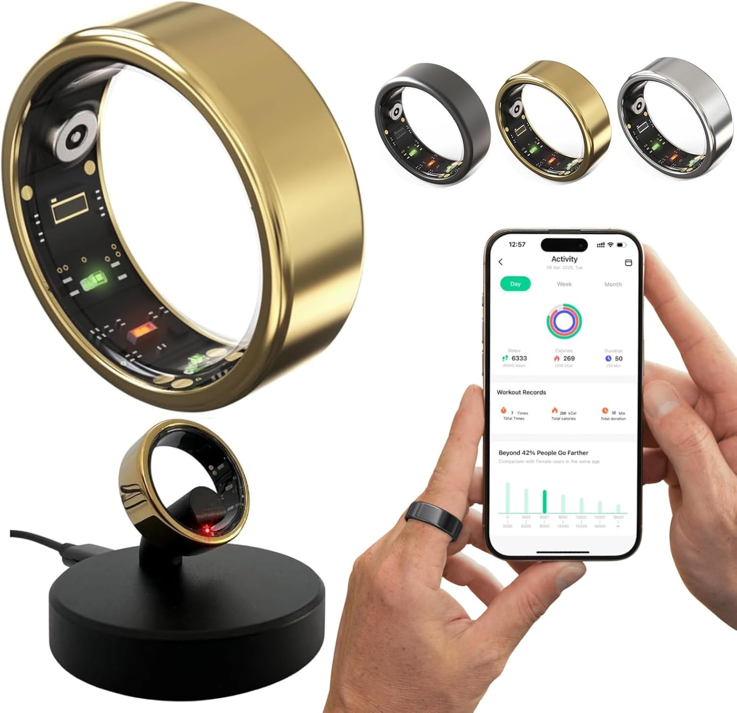 Smart Ring for Women Men Fitness & Sleep Tracker with Heart Rate Blood Oxygen Monitor Cycle Monitoring Step Counter IP68 No Subscription Works with iPhone & Android (Gold, #12-67.2mm/2.65")