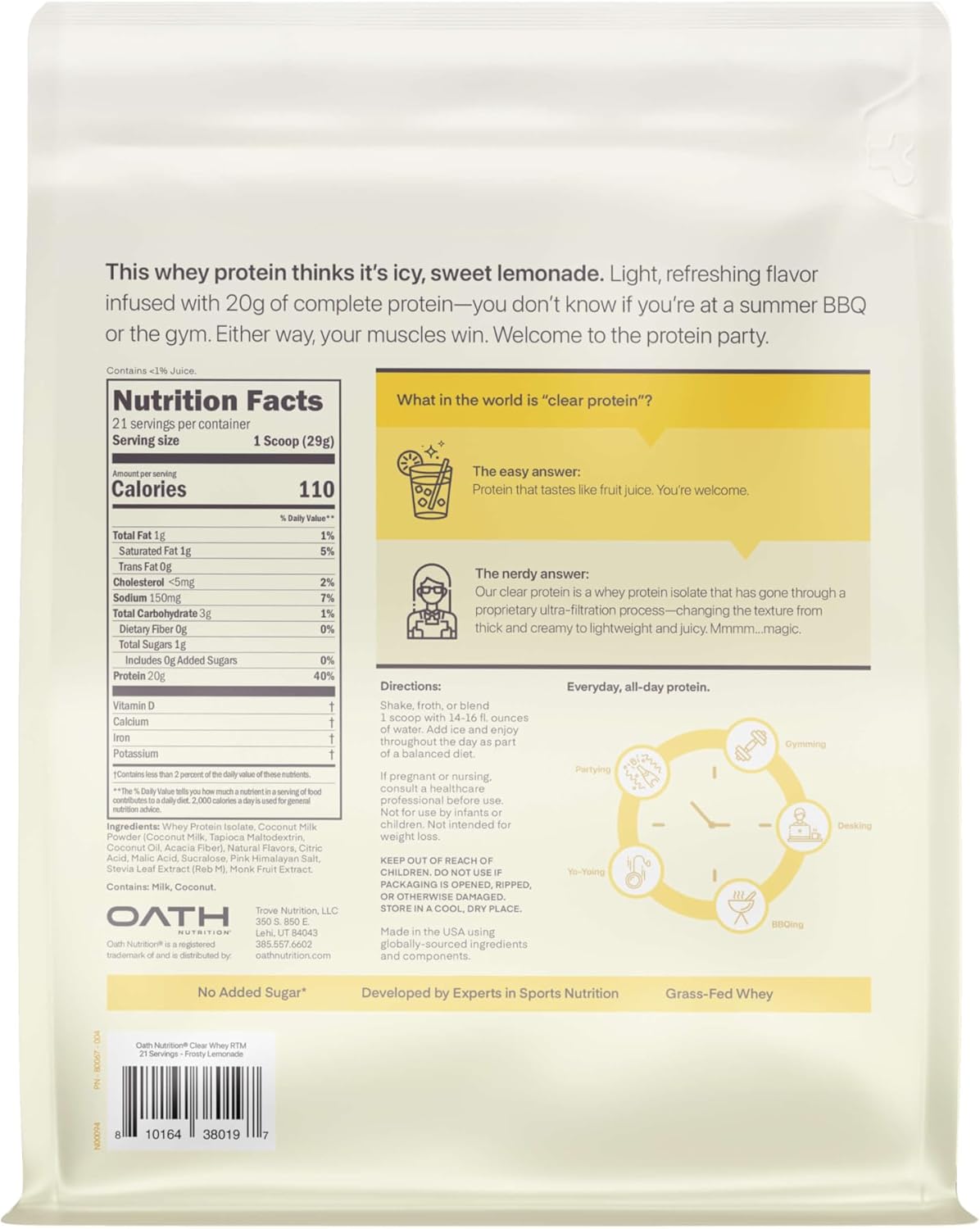 Clear Whey Isolate Protein Powder, Frosty Lemonade, 20g Complete Protein per Serving, No Added Sugar, Grass-Fed, 21 Servings