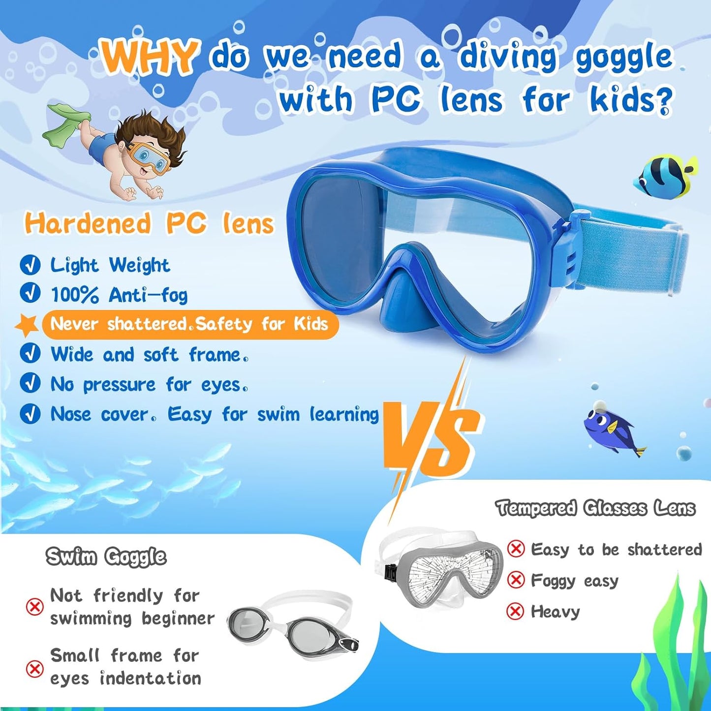 Kids Swim Goggles with Nose Cover, Anti-Leak Swim Mask with Elastic Fabric Strap, UV Protection Swimming Goggles for Kids