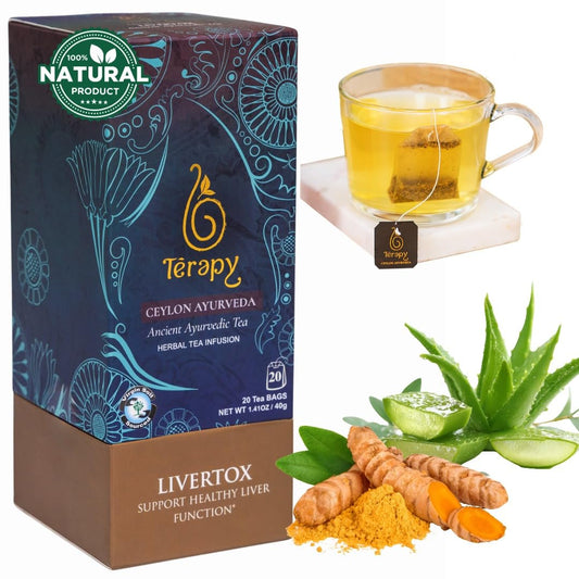 Térapy Ceylon LIVERTOX Organic Herbal Tea Bags | Helps with Liver Kidney Cleanse Detox & Repair | 100% Natural Ayurvedic Ingredients including Turmeric, Aloe Vera and Lemongrass | 20 Individually Wrapped Tea Bags