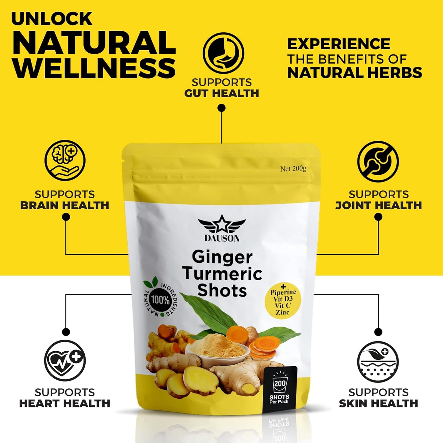 Ginger Turmeric Supplements with Piperine, Orange, Vitamin C, Vitamin D3 & Zinc | Ginger Turmeric Shots for Joint, Heart, Brain, Gut & Skin Health | 200 Servings | Ayurvedic | Powder