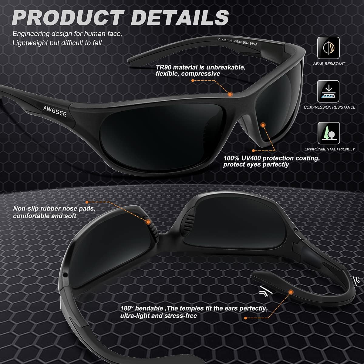 Polarized Sports Sunglasses for Men,TR90 Unbreakable Frame Sunglasses for Fishing Driving Cycling UV400 Protection