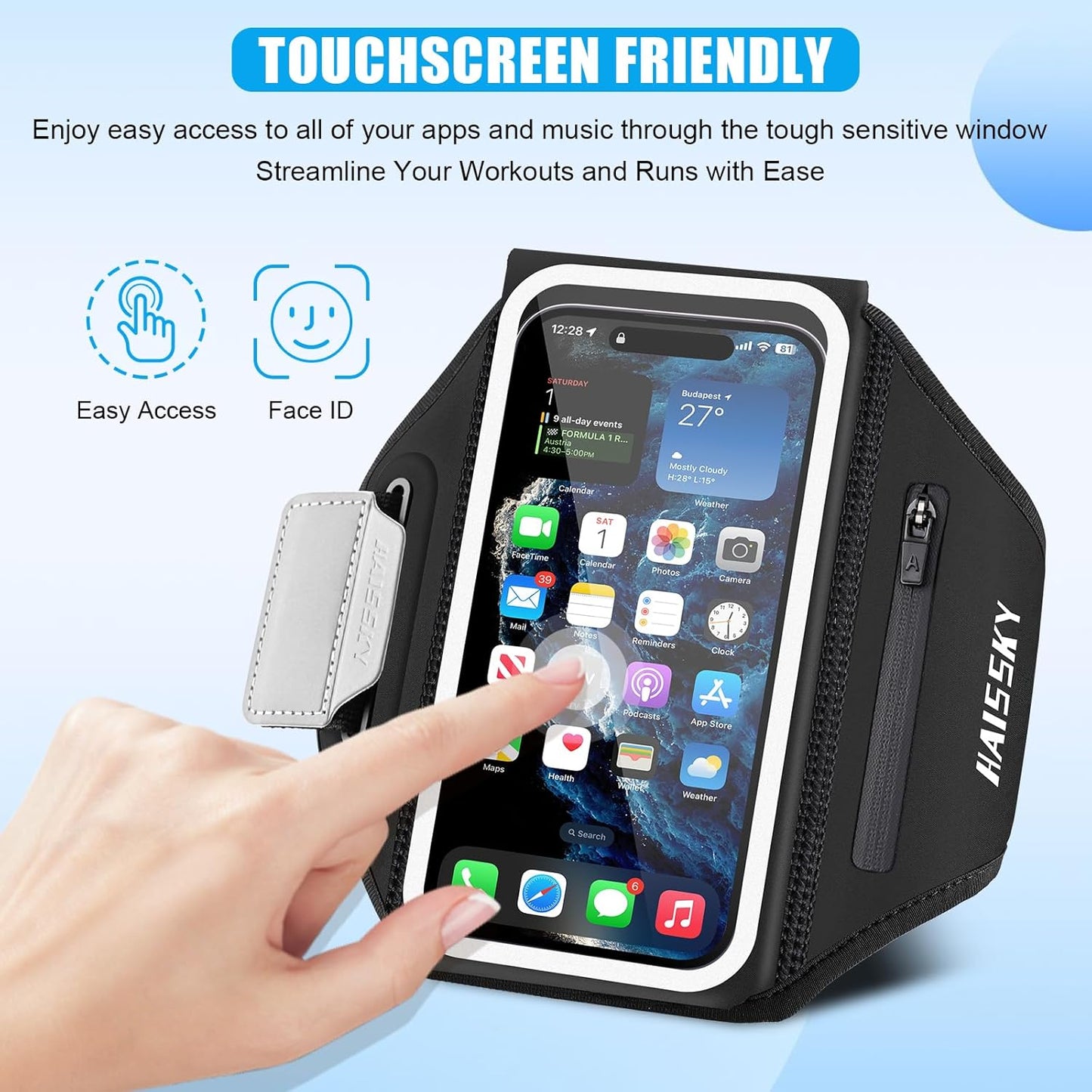 Running Phone Armband with Earphone Holder - 3D Design Cell Phone Armband for iPhone 15/14/13 Pro/Plus & Galaxy S20/S10, Water Resistant Sports Phone Holder with Key Slot for 6.9" Device
