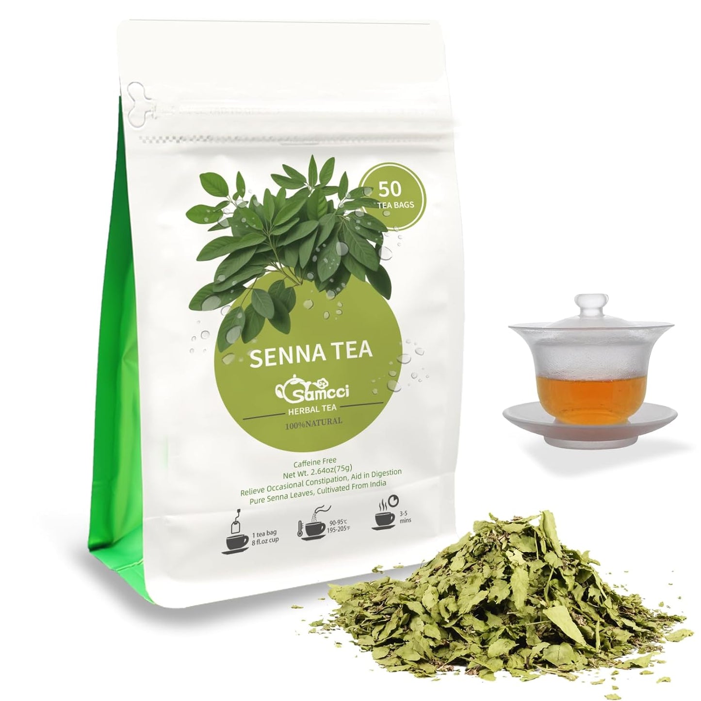 Samcci - Senna Tea, 50 Teabags, 1.5g/bag - Senna Leaf Tea for Constipation -Digestive - Poop for Promoting Digestion - Colon Cleanse -Non-GMO - Caffeine-free
