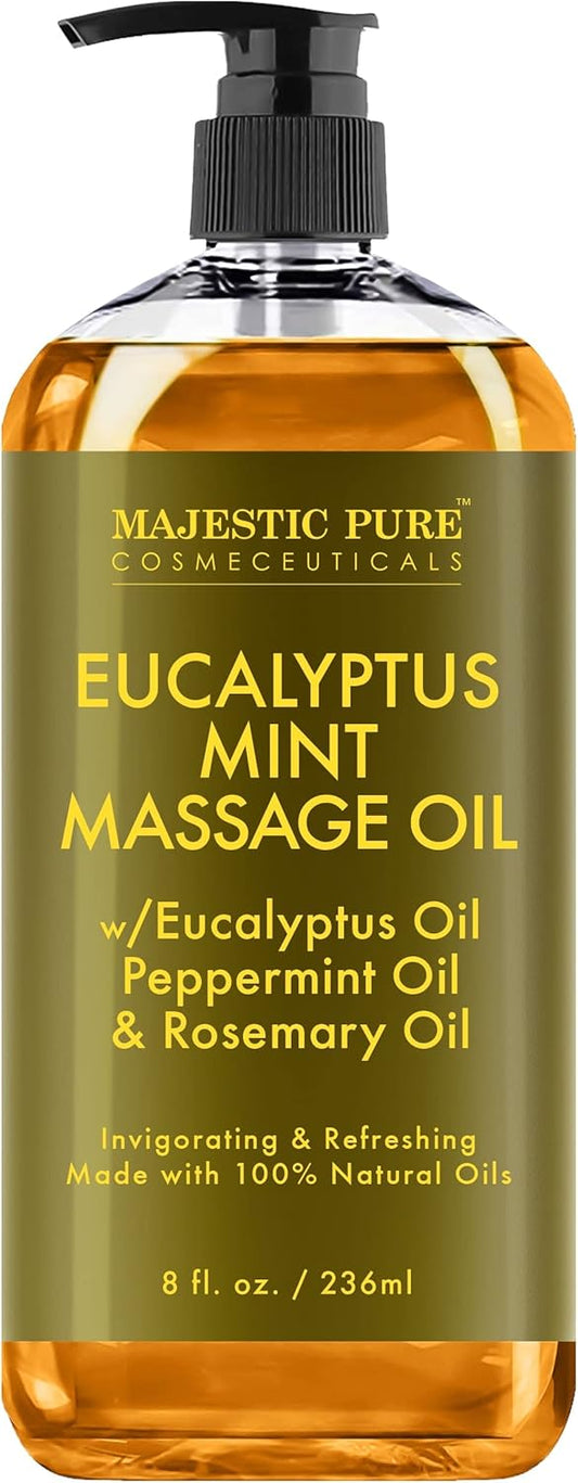 MAJESTIC PURE Eucalyptus Mint Massage Oil for Massage Therapy - Refreshing, and Relaxing - Natural Oils with Eucalyptus Essential Oil - for All Skin Types - Men and Women - 8 fl oz