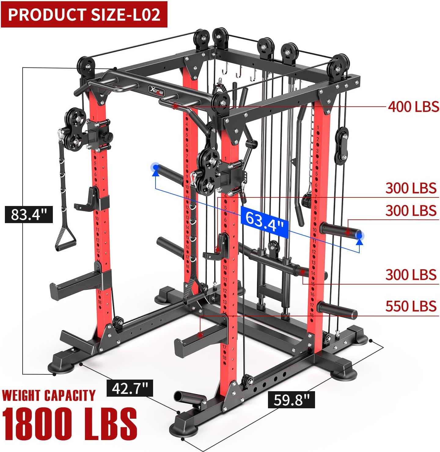 Power Cage,1600lbs Multi-Function Power Rack with Adjustable Cable Crossover System and More Training Attachment, Weight Cage for Home Gym