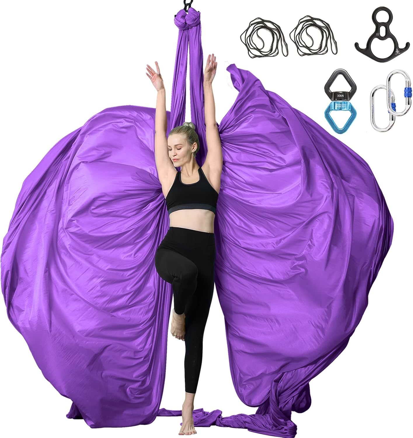 Aerial Silks Yoga Swing Set - 9/11 Yards Aerial Yoga Hammock Kit Anti-Gravity Flying for Fitness, Low/Non Stretch Nylon Tricot Fabric Hardware Included for Dance