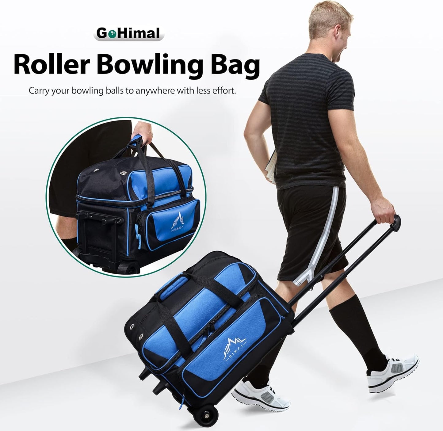 Double Roller 2 Ball Bowling Bag with Separate Shoe Compartment for Bowling Shoes (Up To US Mens Size 15) and Oversized Accessory Pocket, Retractable Handle - Extends to 40"