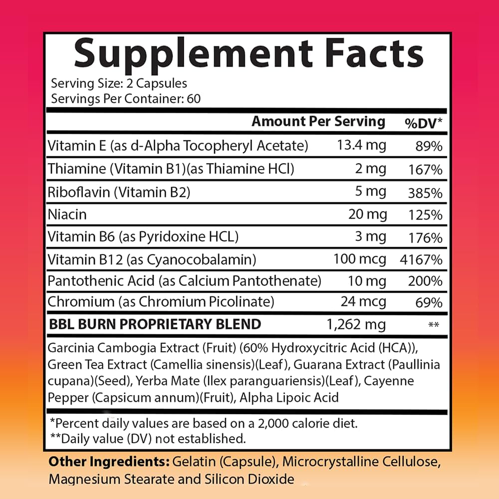 Better Booty BBL Burn Thermogenic Complex Capsules, Tone & Sculpt Belly, Bum + Legs w. Garcinia Cambogia, Guarana, Green Tea Ext, ALA, & Cayenne Pepper Supplement (120ct, 60 Servings)