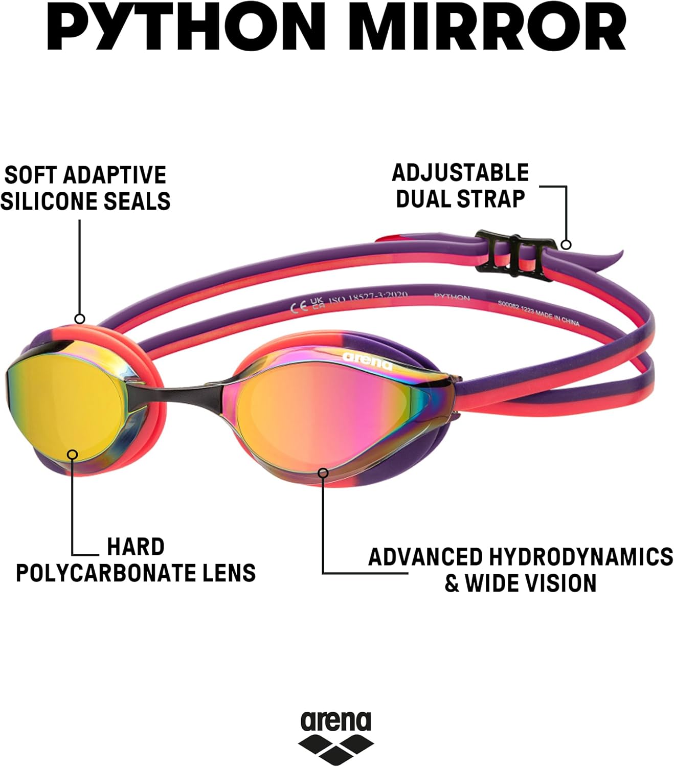 ARENA Unisex Python Racing Swim Goggles for Men and Women Anti-Fog No Leak Max Comfort Dual Strap, Mirror/Non-Mirror Lens
