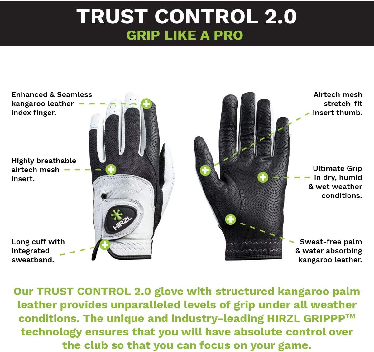 HIRZL Trust Control 2.0 Golf Glove, All Weather Mens Golf Glove, White/Black, Kangaroo Leather Palm, Cabretta Leather Backhand, Trusted by Pro’s, Sweat Free, Ultimate Grip