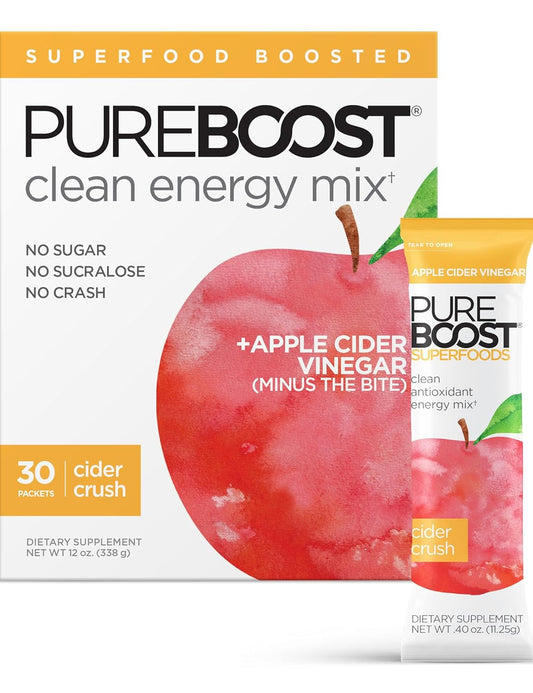 Pureboost Superfoods Clean Energy Booster with Apple Cider Vinegar. Refreshing Energy Drink Mix with 1,000 mg of ACV with The Mother. Sugar-Free, No Sucralose (Cider Crush, 30 Count)
