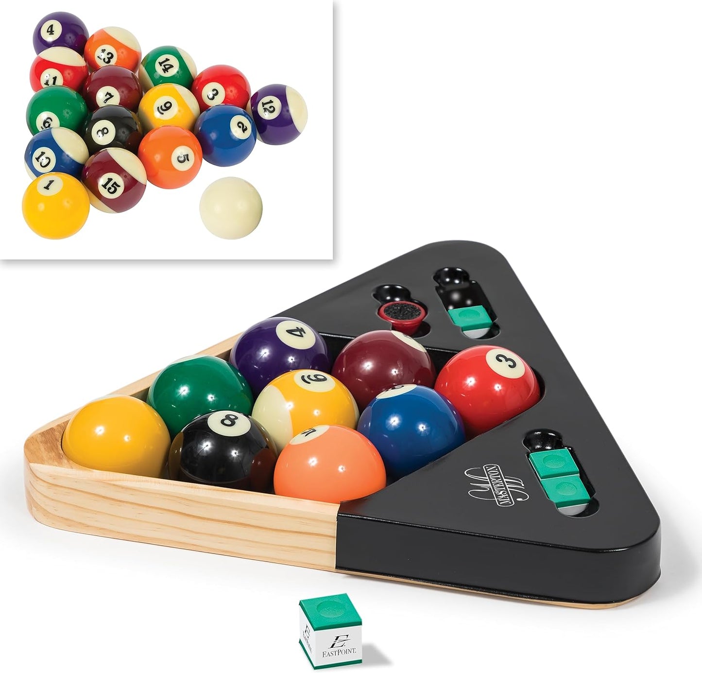 EastPoint Sports Masterton Billiard Ball Set - Full Set Tournament Spec Resin Billiard Balls - Wooden 8-Ball Rack with 9 Ball Insert - Includes Chalk and Scuffer