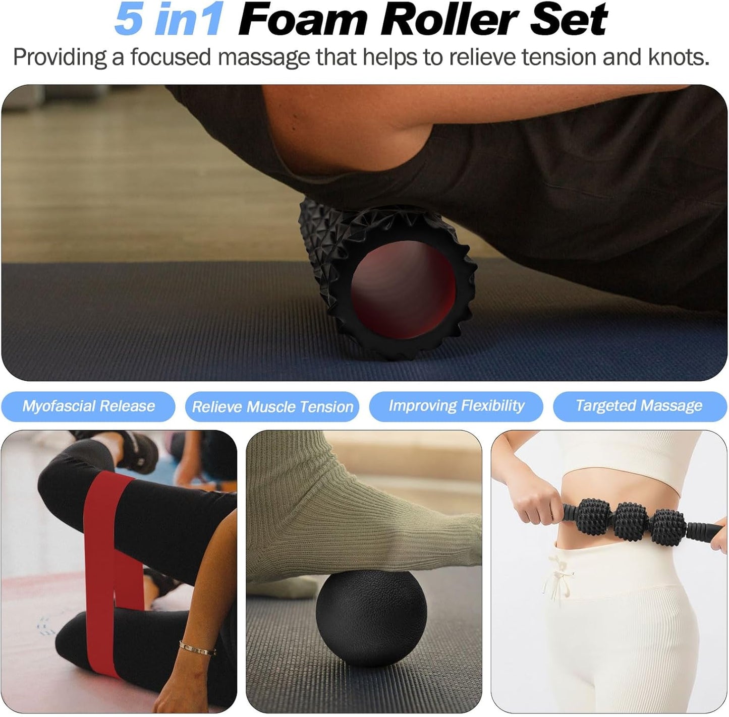 5 in 1 Foam Roller Set Trigger Point Foam Roller, Massage Roller Stick, Massage Ball, Stretching Strap for Deep Muscle Massage Pilates Yoga, Fitness Exercise for Whole Body (Black Diamond)