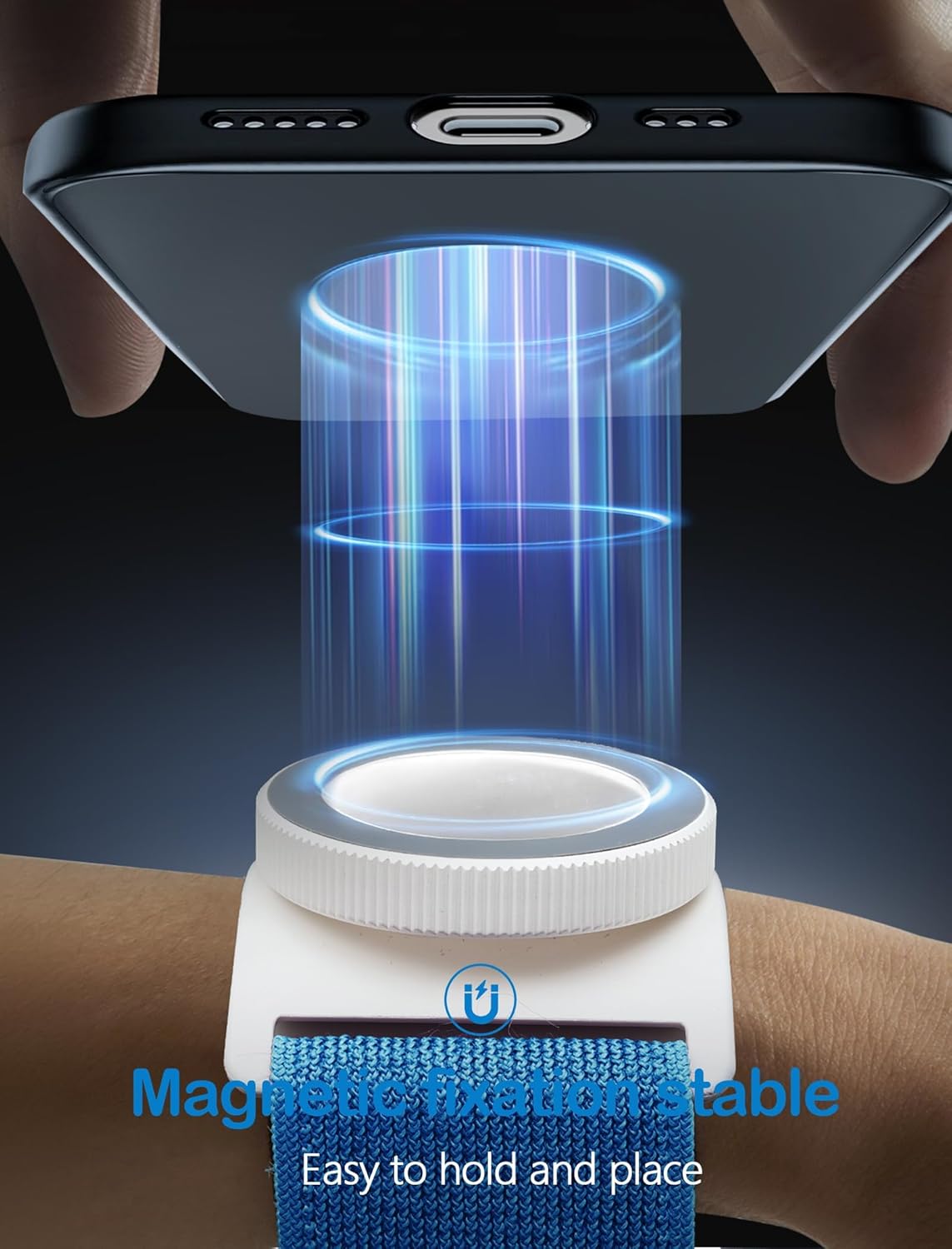 TOPGO Magnetic Running Phone Holder for iPhone, HD Mirror & Extendable Anti-Drop Rope for Gym/Yoga, 360° Rotatable Wrist Phone Holder, Fits iPhone 16 Pro & Android (Blue, 2 Straps)