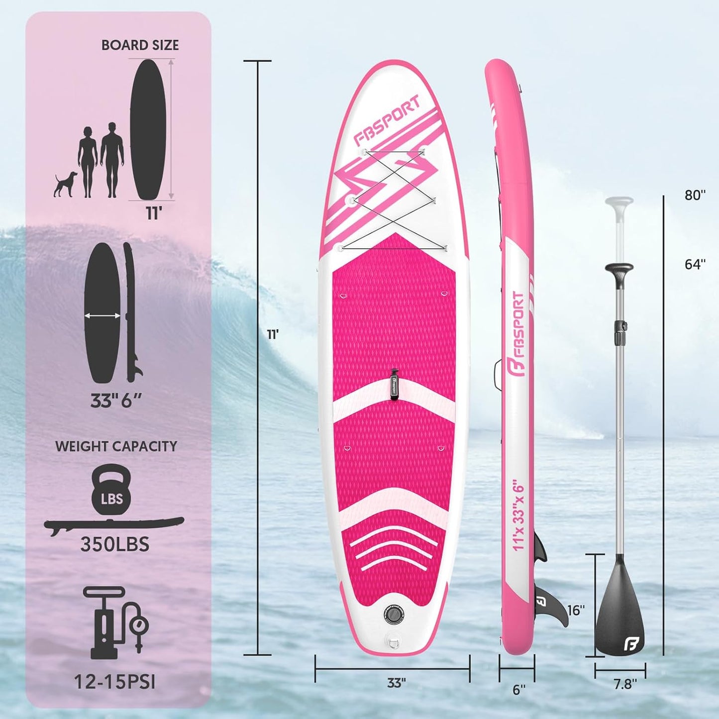 FBSPORT 11' Premium Stand Up Paddle Board, Yoga Board with Durable SUP Accessories & Carry Bag | Wide Stance, Surf Control, Non-Slip Deck, Leash, Paddle and Pump for Youth & Adult