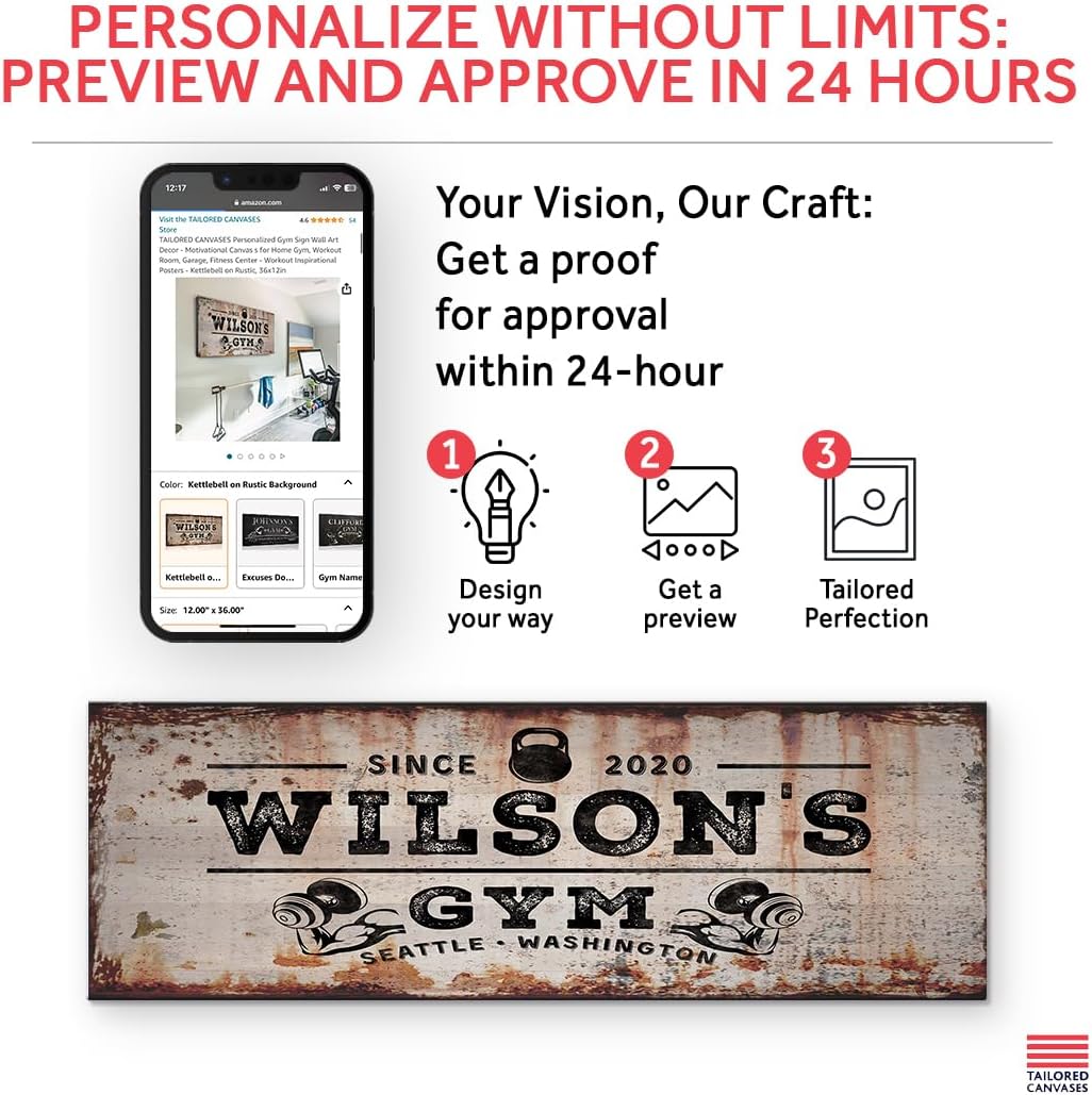 TAILORED CANVASES Personalized Gym Sign Wall Art Decor - Motivational Canvas s for Home Gym, Workout Room, Garage, Fitness Center - Workout Inspirational Posters - Kettlebell on Rustic, 36x12in