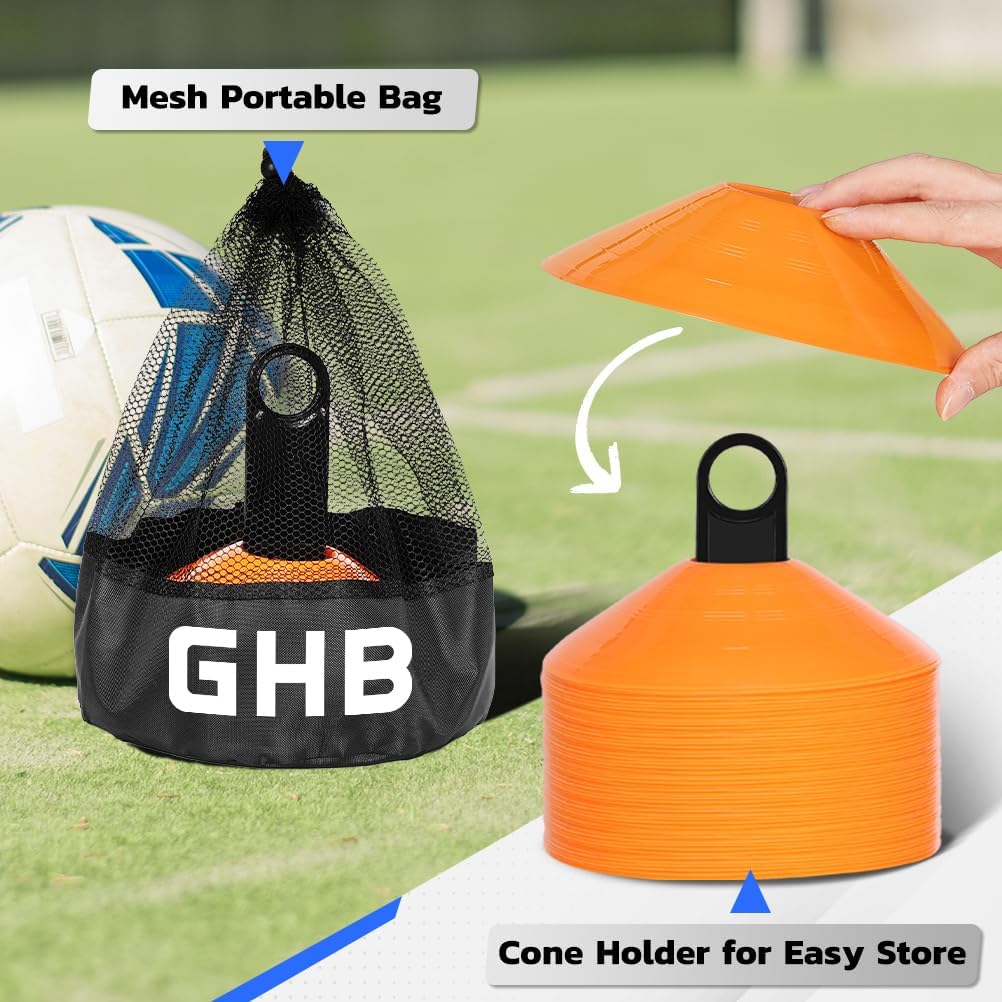 GHB Soccer Cones 25/50/100 Pack Disc Soccer Sport Cones Training Field Marker Agility Cones for Traffic, Basketball, Coaching, Practice Equipment Includes Cone Drills Guide