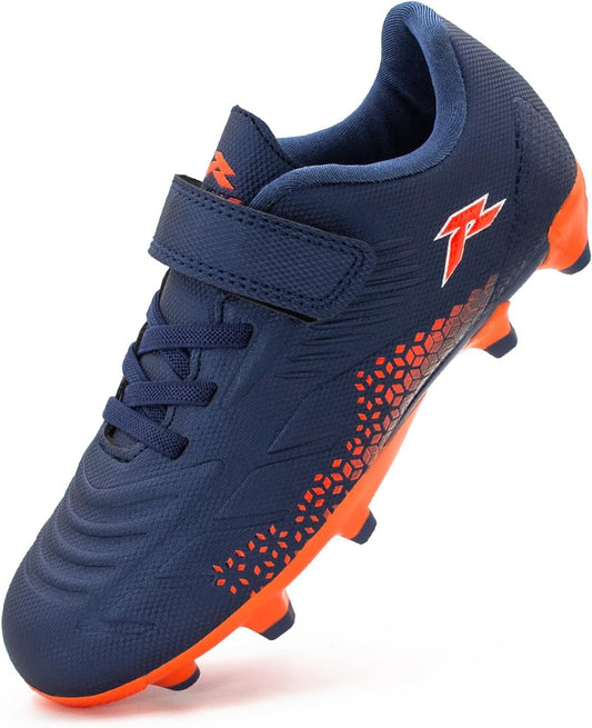 RUNIC Kids Soccer Cleats for Boys and Girls - Small and Big Kid Athletic Outdoor Football Shoes - Firm Ground - Hook and Loop Closure - Black/Gold