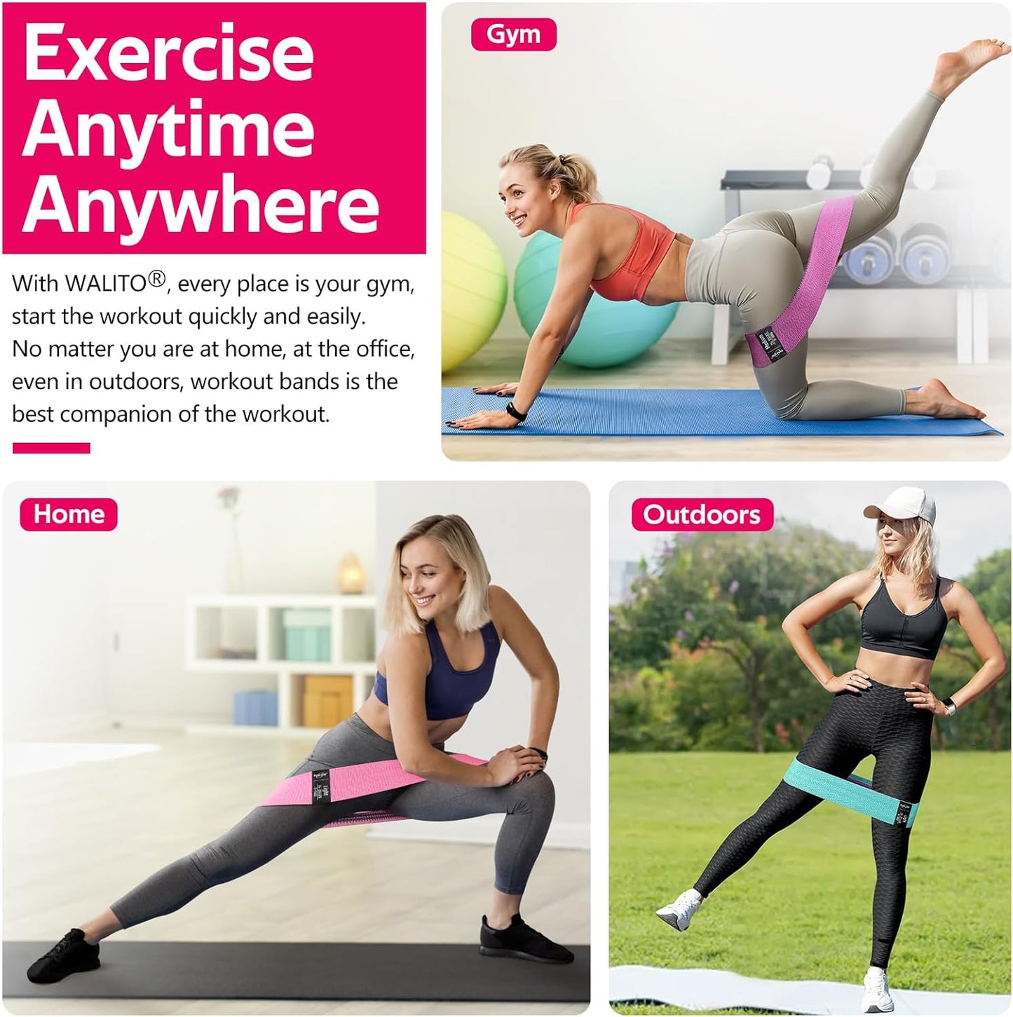 WALITO Resistance Bands for Working Out, Fabric Exercise Bands for Legs and Butt, Workout Bands for Women and Men, Booty Band for Yoga Starter Set, Pilates, Rehab, Fitness and Home Workout