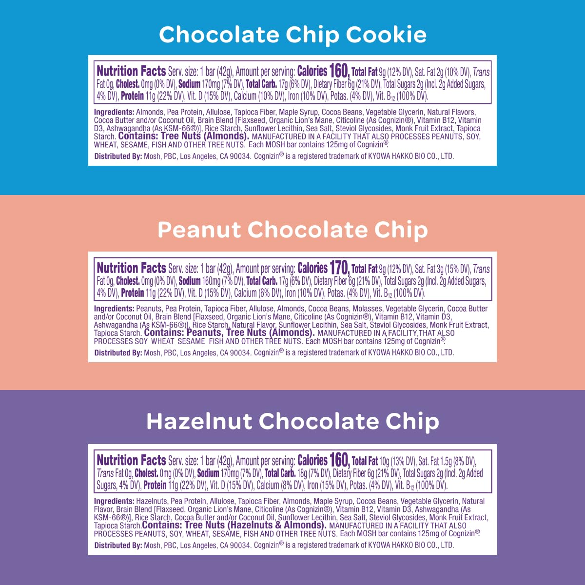 MOSH Variety Pack Vegan Protein Bars, Plant Based, Keto, Gluten Free, Brain Healthy Snack with Cognizin, Ashwagandha and Lion's Mane, 6 Count