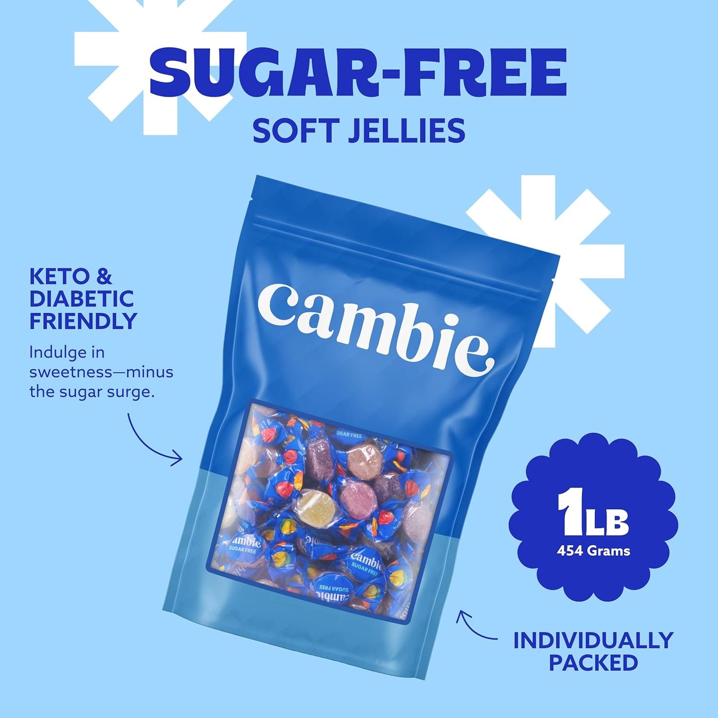 Cambie Sugar Free Gummies - 1 lb of Individually Wrapped Sugar Free Candy, Assorted Fruit Flavors, Diabetic Friendly, Keto, Low Carb, Vegan, Natural Flavors, Made in Italy