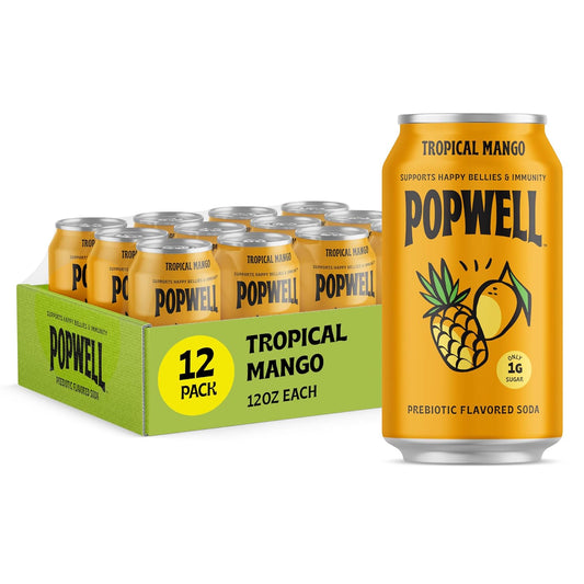 Popwell Tropical Mango Better-For-You Prebiotic Soda, with 6g Fiber, 1g Sugar, Vitamins and Immunity Support, 12 fl oz Cans (pack of 12)