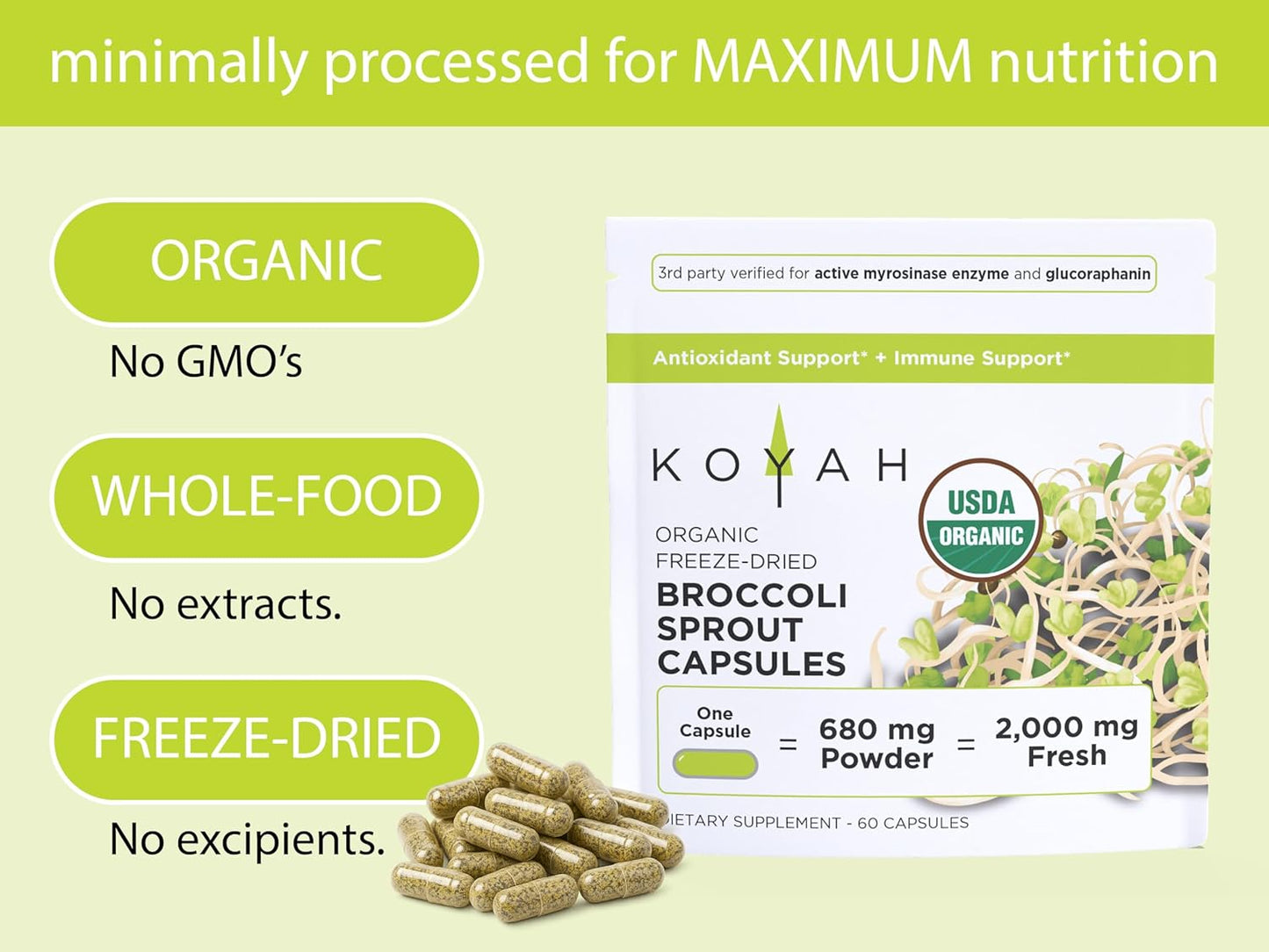 KOYAH Organic Broccoli Sprout Capsules – Freeze-Dried Whole Broccoli Sprouts – 3rd Party Tested for Active Myrosinase & Glucoraphanin (Sulforaphane Glucosinolate) - 150 Capsules
