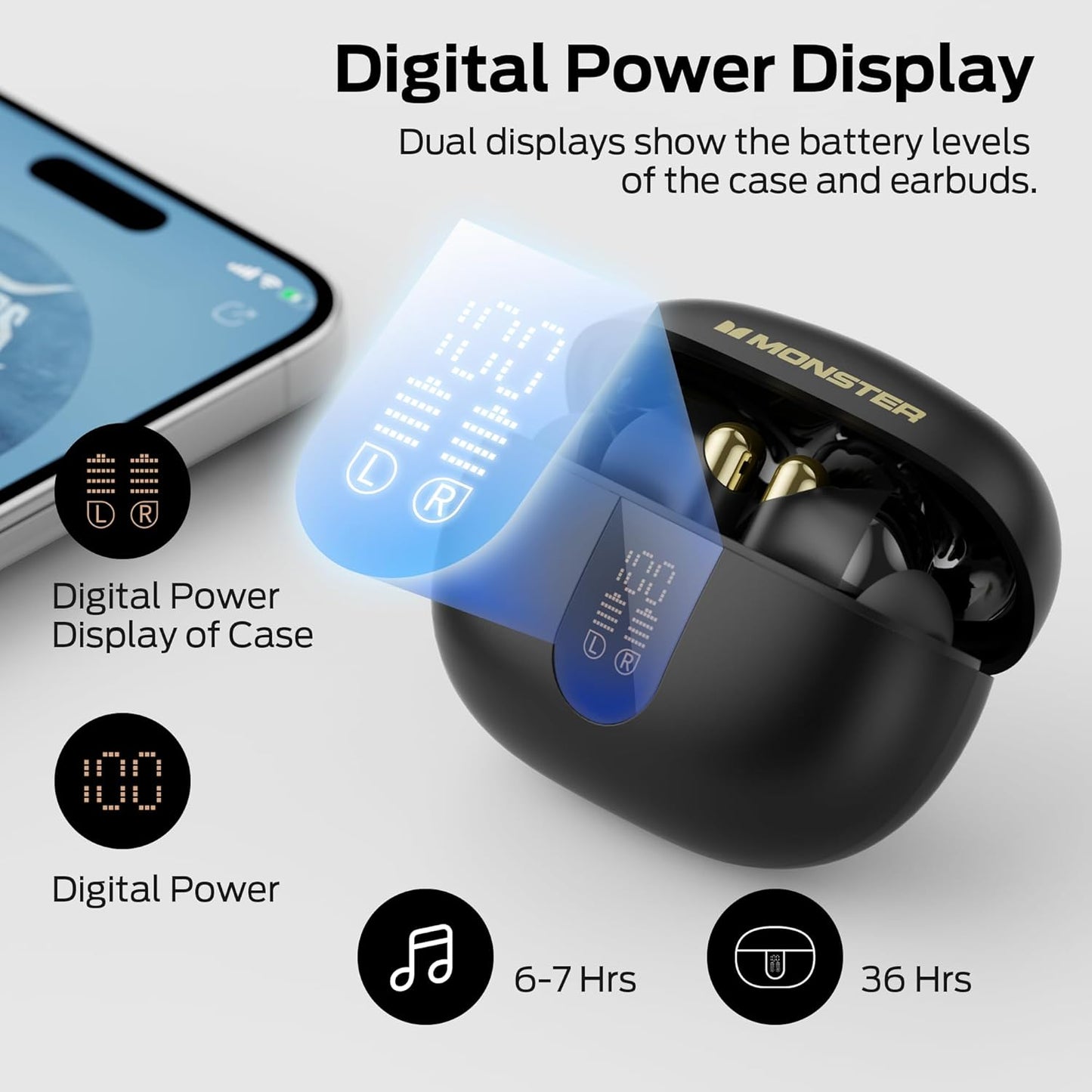 Monster N-Lite 211 Wireless Earbuds， Bluetooth 6.0 Stereo Headphones with Noise-Cancelling Mic and LED Display, Built-in Mic for Clear Calls, Waterproof Design for Sports