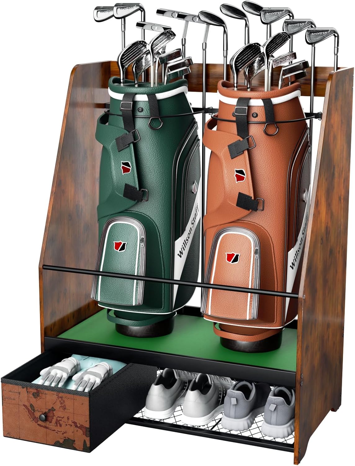 Golf Bag Organizer Storage for 2 Bags with Drawer – Easy Assemble Golf Club Stand Ideal for Garage, Clubs and Basement