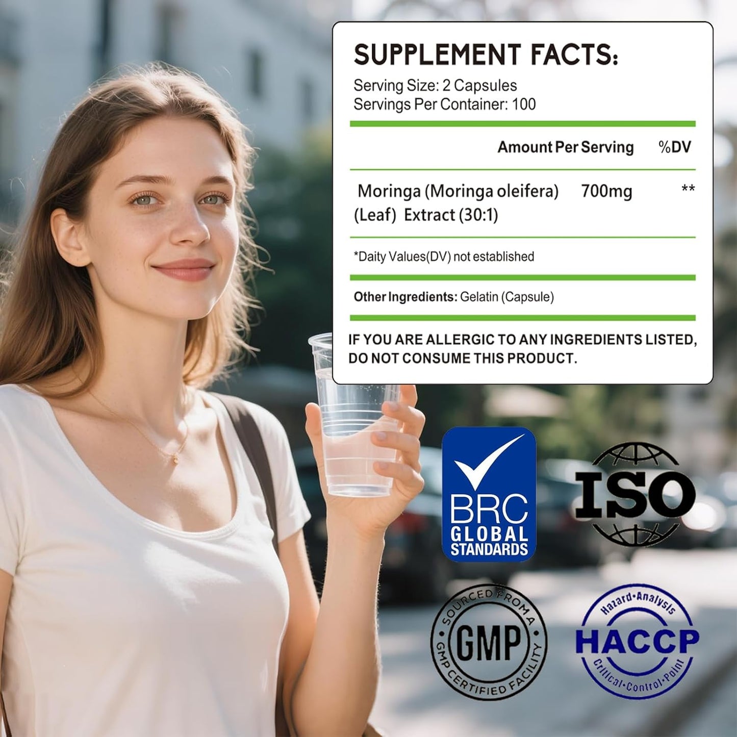 Moringa Capsules with Pure Moringa Powder | Skin Health and Immune Support | Non GMO, Gluten Free