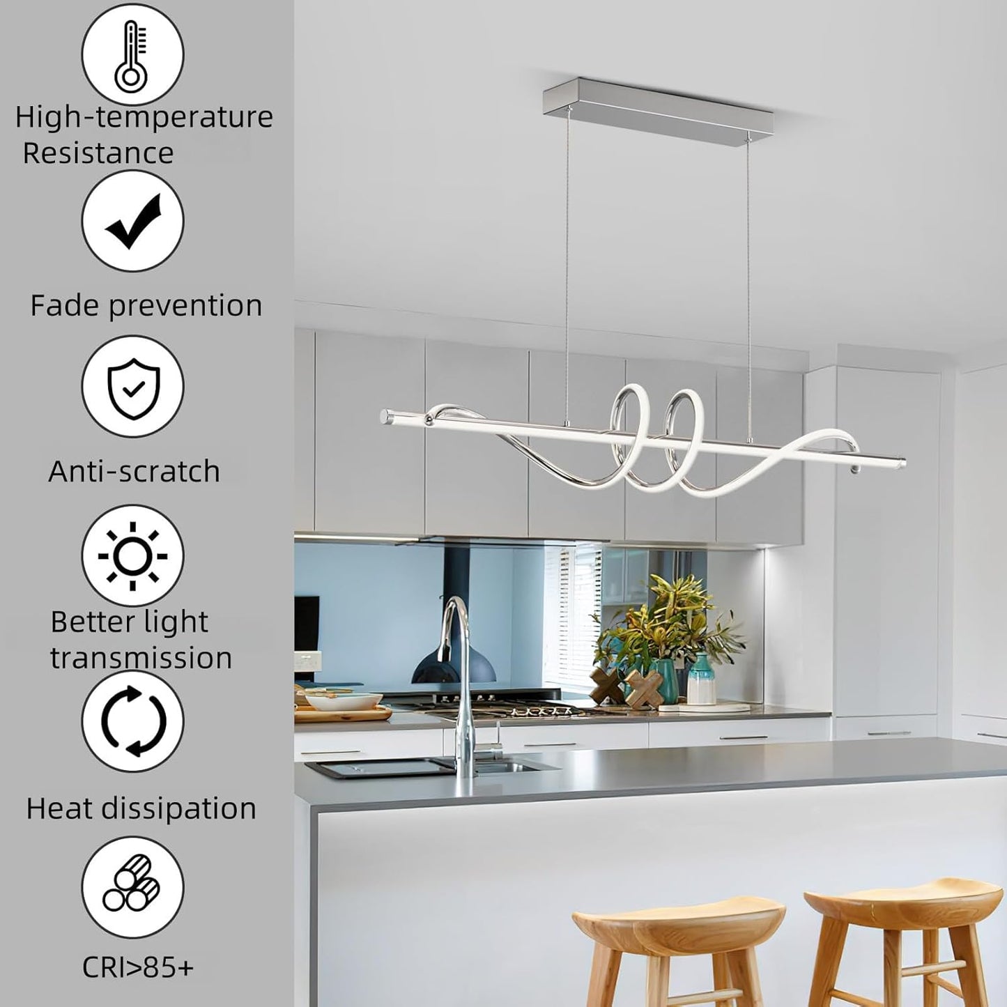 Modern LED Pendent Lights Kitchen Island,3000k-6000K Adjustable Color Dining Room Light Fixture,Dimmable with Remote Control Aluminum for Kitchen, Living, Dining,Bedroom(47in Chrome Silver
