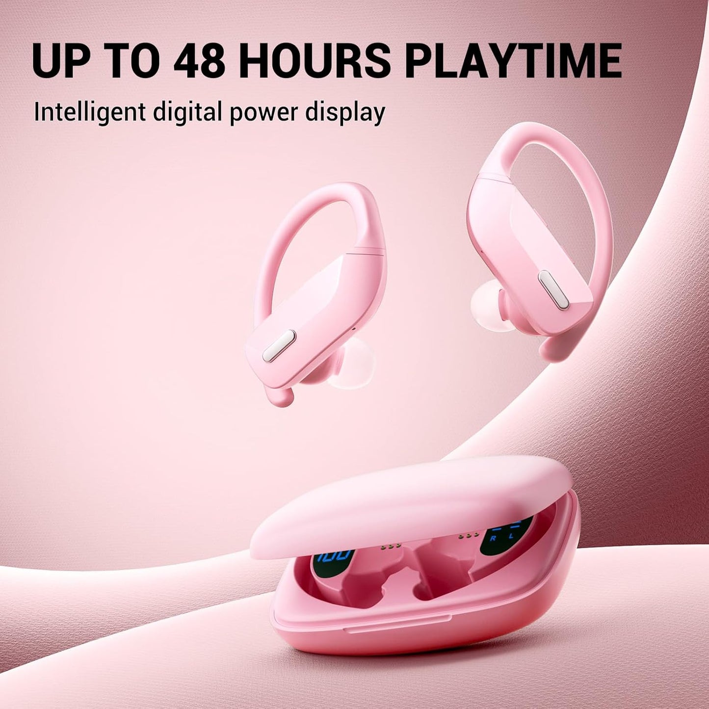 Wireless Sport Earbuds Bluetooth Headphones with Mic 80H Playtime IPX5 Waterproof Ear Buds Deep Bass Earphones Over Ear Headset for Running Gym Workout - Pink