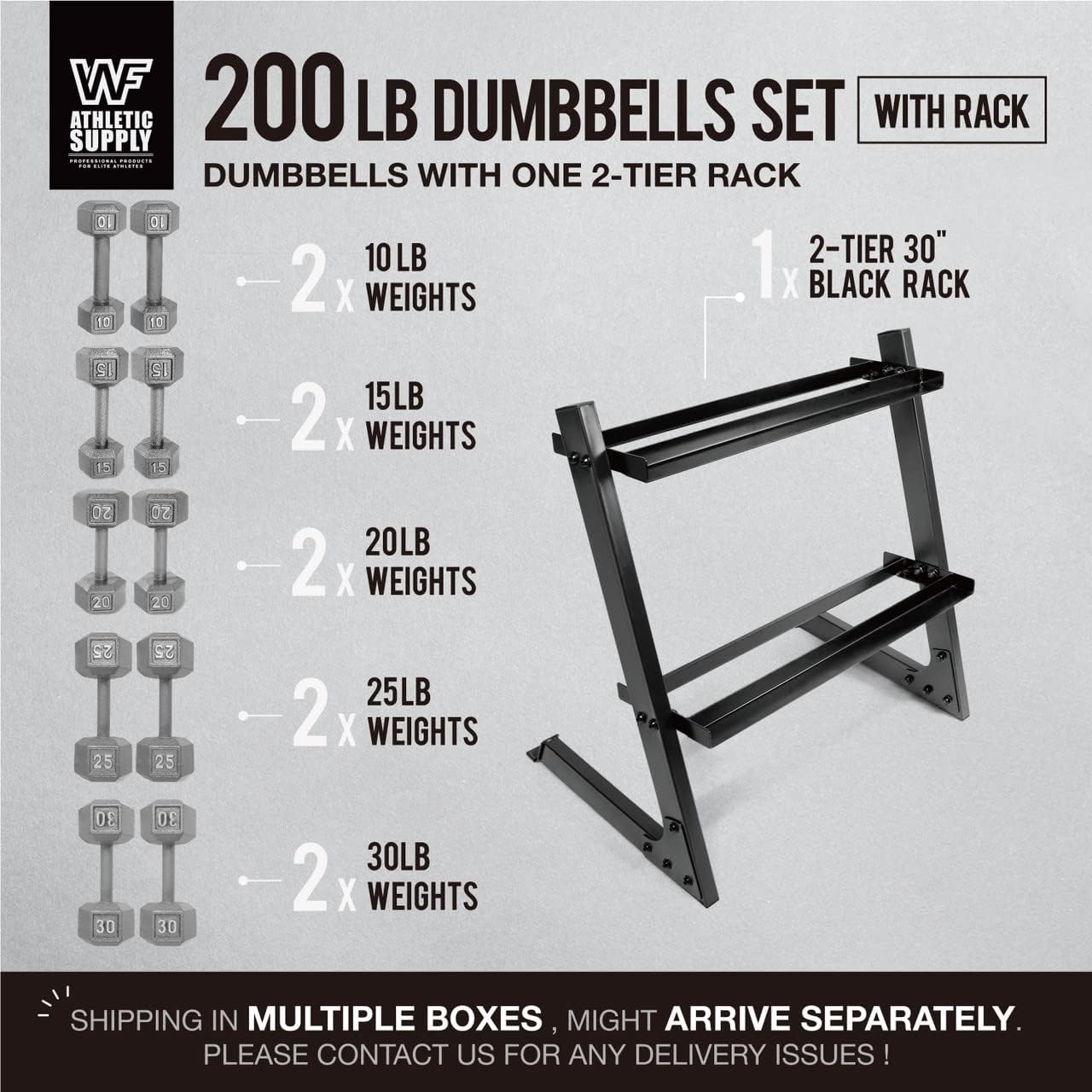 WF Athletic Supply 200Lb Dumbbell Set, 10-30Lb Dumbbell Set with Two-Tier Storage Rack for Muscle Toning, Strength Building & Weight Loss - Multiple Choices Available