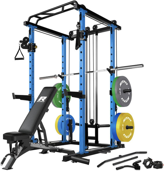 RitFit Multi-Function Squat Rack Power Cage PPC03 with Cable Crossover System, 1000LBS Capacity Power Rack and Packages with Optional Weight Bench, Barbell Weight Set, for Garage Workout & Home Gym
