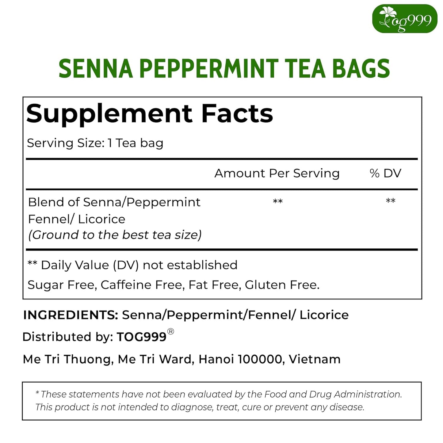 TOG999 60 Tea Bags Relieves Constipation Natural Tea, Blend of Senna Leaves - Peppermint - Licorice - Fennel, 100% Natural Ingrendients, Hand-made Herbal Tea, No Sugar, No Caffeine, No Gluten, Vegan.